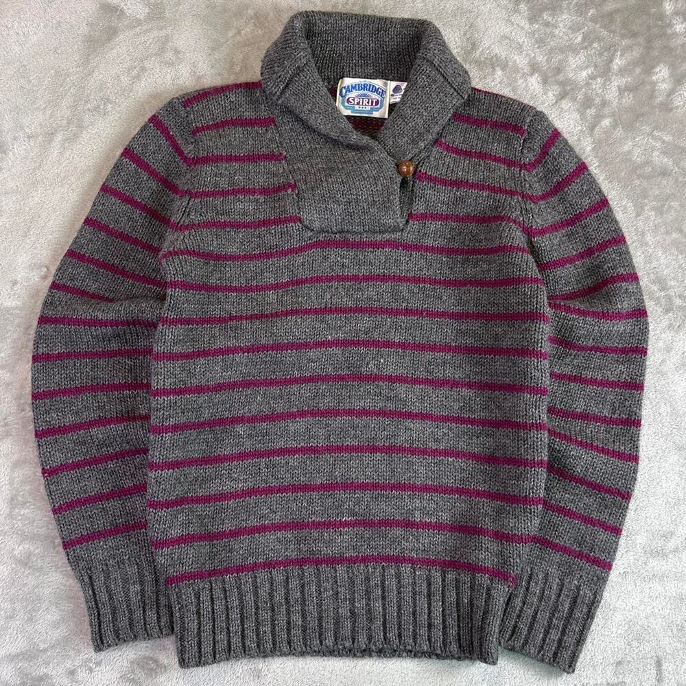 VTG Cambridge Spirit Wool Sweater Mens S Gray Striped Shawl Collar Knit Grandpa